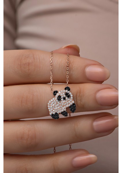 925 Ayar Gümüş Rose Kaplama Zirkon Taşlı Panda Kolye modelleri