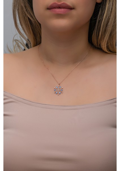 925 Ayar Gümüş Rose Kaplama Aquamarin Taşlı Kartanesi Kolye