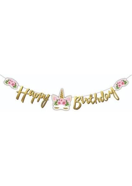 Happy Birthday Çiçekli Unicorn Kaligrafi Banner Gold