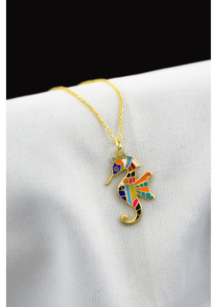 925 Ayar Gümüş Altın Kaplama Renkli Mineli Denizatı Kolye