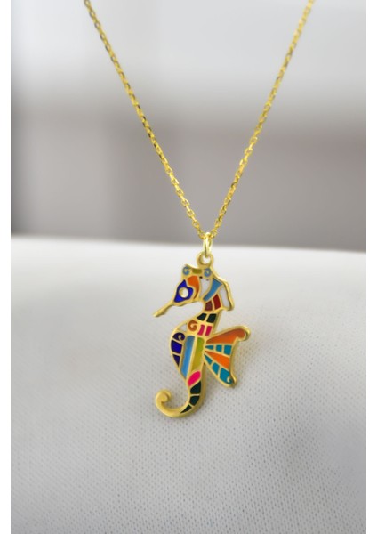 925 Ayar Gümüş Altın Kaplama Renkli Mineli Denizatı Kolye fiyatları