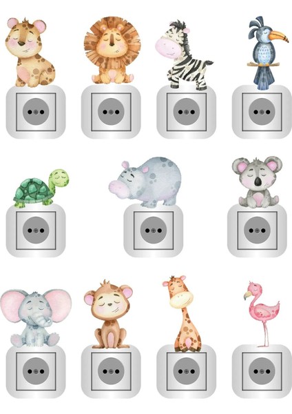 Muhteşem Pastel Hayvanlar 12 Adet Priz Sticker Seti