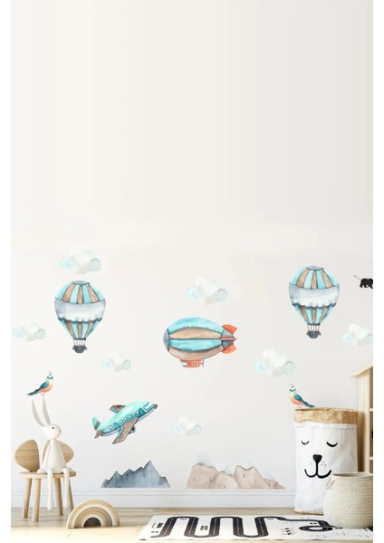 Sulu Boya Planör Bulutlar Balonlar ve Kuşlar Çocuk Odası Duvar Sticker Seti