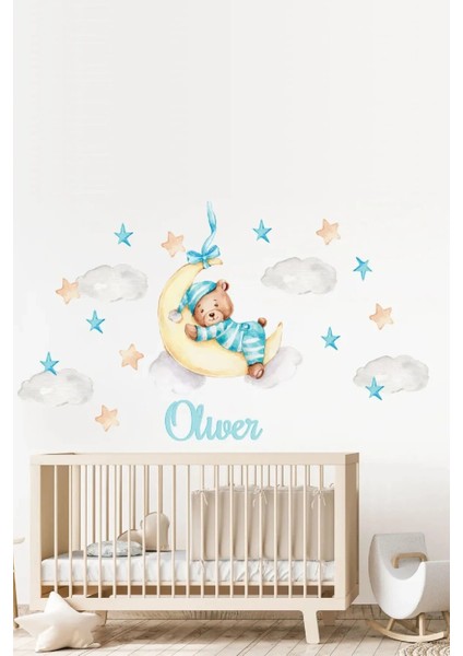 Uyuyan Pijamalı Ayıcık Bulutlar ve Yıldızlar Isme Özel Çocuk Odası Duvar Sticker Seti