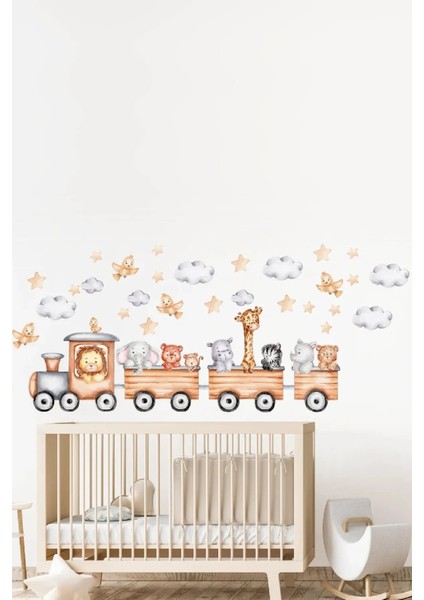 Minik Hayvanların Tren Yolculuğu Bulutlar Yıldızlar ve Kuşlar Çocuk Odası Duvar Sticker Seti