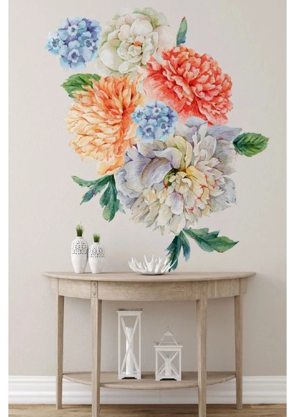 Turuncu-Mavi Peony Çiçekler Modern Duvar Sticker Seti