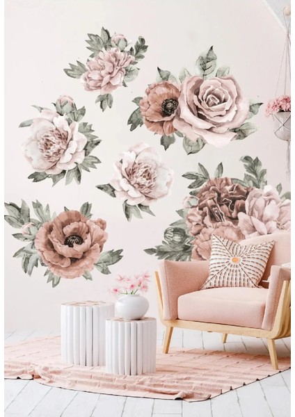 Modern Boho Duvar Sticker Seti 1 Adet Vintage Şakayıklar ve Yapraklar Kendinden Yapışkanlı