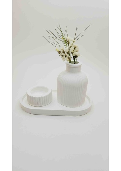 Zbdesingart Oval Sunumluk Çizgili Iskandinav Vazo Tealight Set