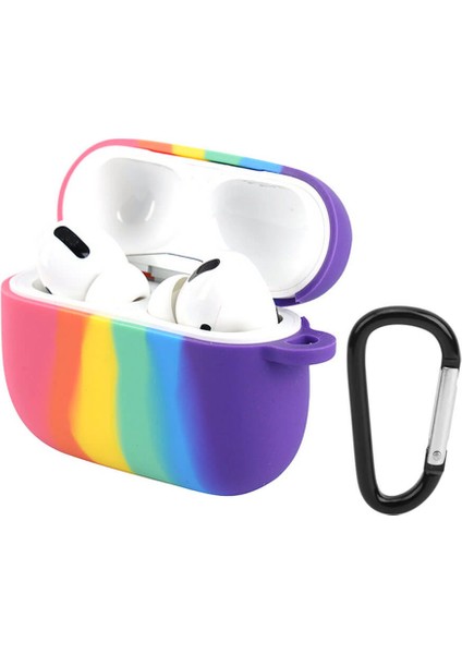 Apple Airpods Pro 1. Nesil Silikon Koruma Kılıfı Rainbow Kopçalı Koruyucu Kılıf