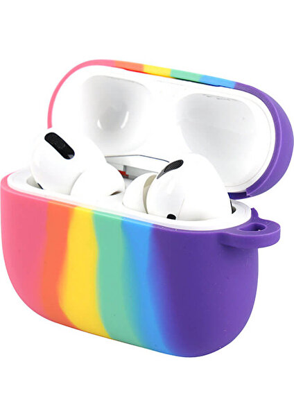 Apple Airpods Pro 1. Nesil Silikon Koruma Kılıfı Rainbow Kopçalı Koruyucu Kılıf