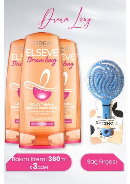 Dream Long Onarıcı Bakım Kremi 360 ml x 3 Adet ve Tarko Saç Fırçası Mavi