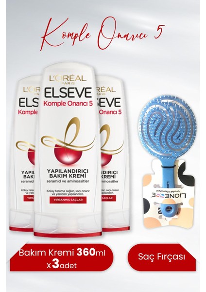 Komple Onarıcı 5 Bakım Kremi 360 ml x 3 Adet ve Tarko Lionesse Saç Fırçası Yuvarlak Mavi