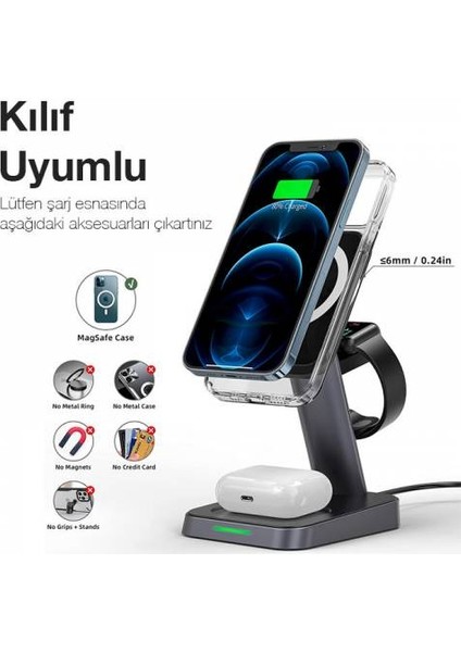 Masaüstü 3in1 Şarj Istasyonu Magsafe Saat Kulaklık Iphone Şarj Iphone 12 13 14 Pro Max Şarj