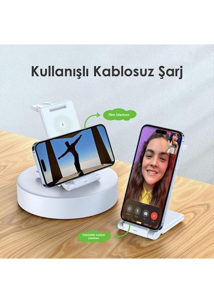 Çift Bobinli 15W Super Şarj 3in1 Masaüstü Telefon Şarjı Kulaklık Saat Şarjı Iphone Şarj Stand
