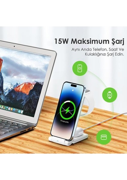 Çift Bobinli 15W Super Şarj 3in1 Masaüstü Telefon Şarjı Kulaklık Saat Şarjı Iphone Şarj Stand
