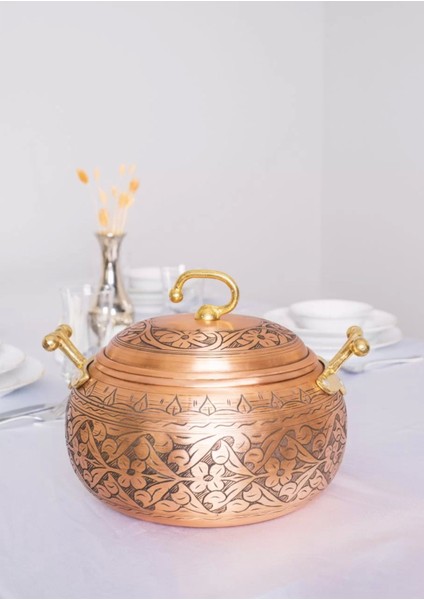 Bakır Tencere Ağır İşlemeli Tombul Model 5 lt