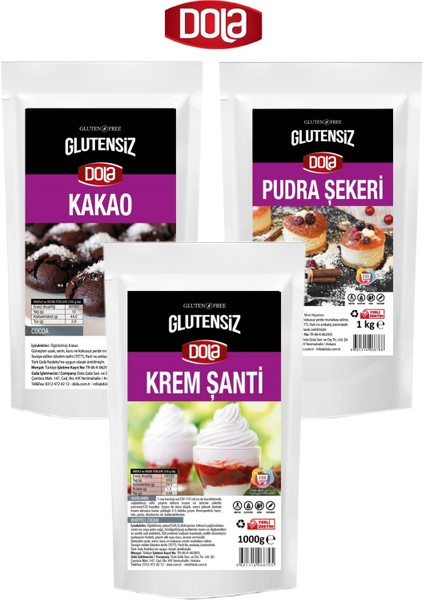 3'lü Glutensiz Pasta Seti Krem Şanti-Pudra Şekeri ve Kakao 1 kg x 3 Adet
