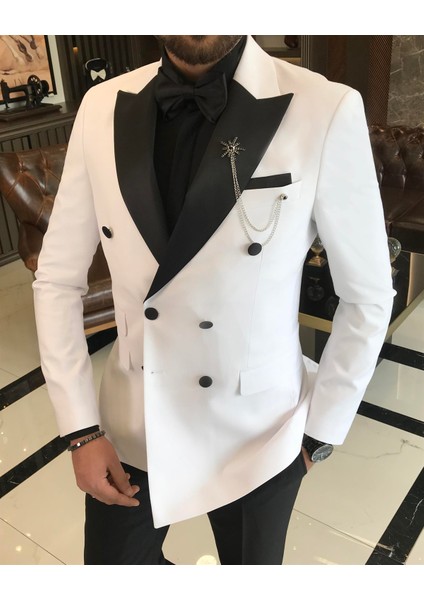 İtalyan kesim slim fit kruvaze ceket pantolon damatlık set beyaz T9212