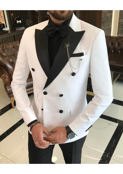 İtalyan kesim slim fit kruvaze ceket pantolon damatlık set beyaz T9212 fiyatları