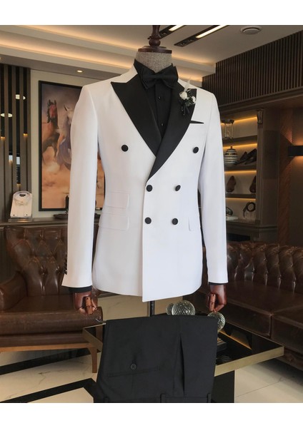 İtalyan kesim slim fit kruvaze ceket pantolon damatlık set beyaz T9212 indirimleri