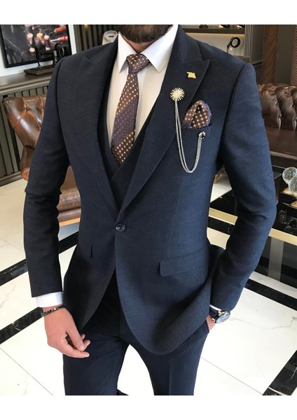 Italyan Stil Slim Fit Erkek Ceket Yelek Pantolon Takım Elbise Lacivert T9525
