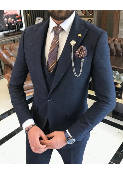 Italyan Stil Slim Fit Erkek Ceket Yelek Pantolon Takım Elbise Lacivert T9525 fiyatları