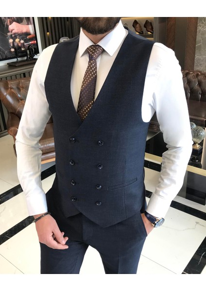 Italyan Stil Slim Fit Erkek Ceket Yelek Pantolon Takım Elbise Lacivert T9525 modelleri