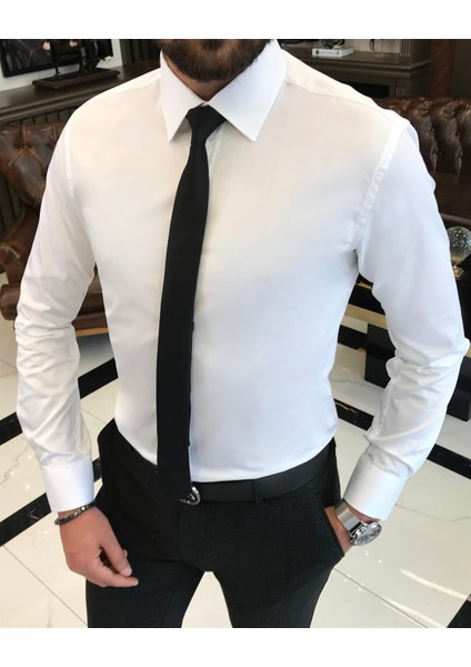 Italyan Stil Slim Fit Saten Pamuk Erkek Kravat Yaka Gömlek Beyaz T9424