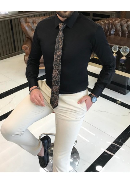 Italyan Stil Slim Fit Saten Pamuk Erkek Kravat Yaka Gömlek Siyah T9422 fiyatları