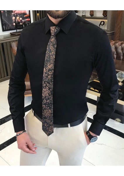 Italyan Stil Slim Fit Saten Pamuk Erkek Kravat Yaka Gömlek Siyah T9422
