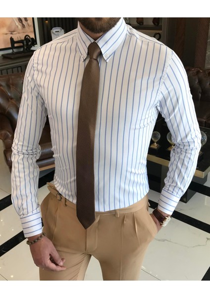 İtalyan stil slim fit çizgili erkek dik yaka gömlek beyaz T9245