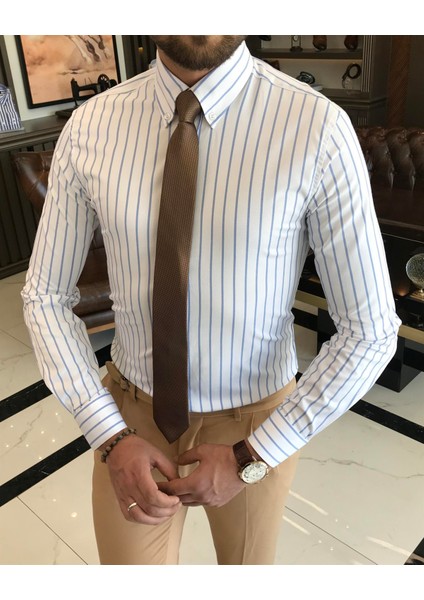 İtalyan stil slim fit çizgili erkek dik yaka gömlek beyaz T9245 fiyatları