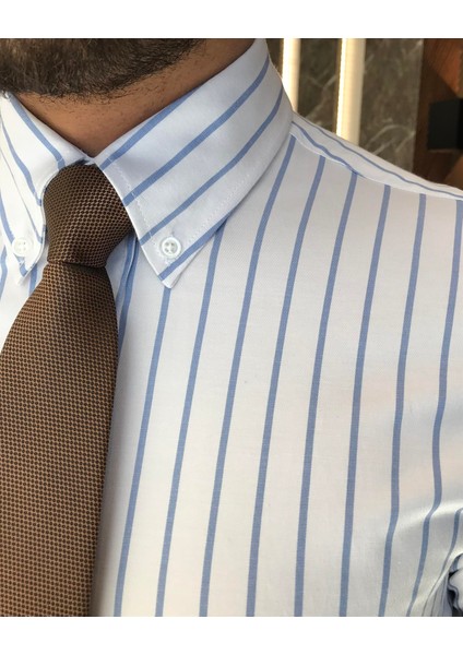 İtalyan stil slim fit çizgili erkek dik yaka gömlek beyaz T9245 fırsatları