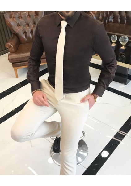 Italyan Stil Slim Fit Saten Pamuk Erkek Kravat Yaka Gömlek Kahverengi T9426 fiyatları