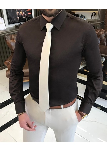 Italyan Stil Slim Fit Saten Pamuk Erkek Kravat Yaka Gömlek Kahverengi T9426