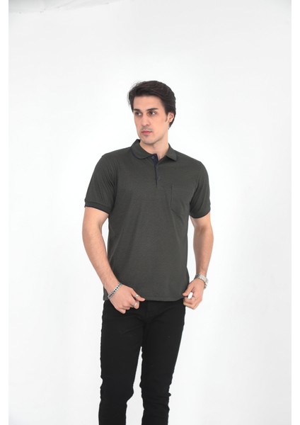Baba Yakalı Cepli Desenli Model Klasik Kesim T-Shirt