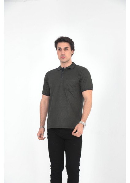 Baba Yakalı Cepli Desenli Model Klasik Kesim T-Shirt