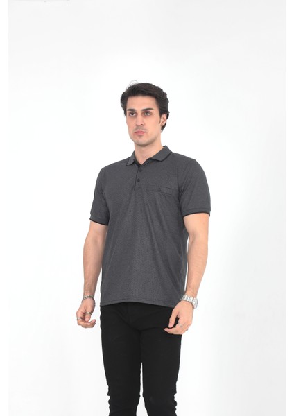 Baba Yakalı Cepli Desenli Model Klasik Kesim T-Shirt