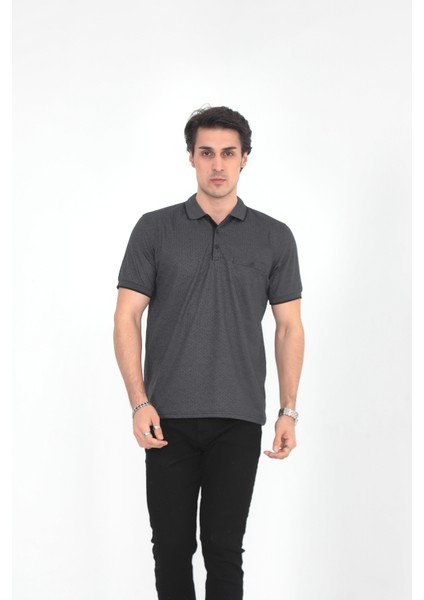 Baba Yakalı Cepli Desenli Model Klasik Kesim T-Shirt