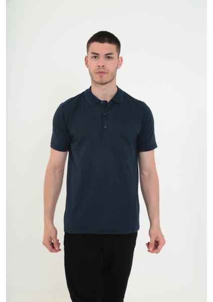 Baba Yakalı Cepli Desenli Model Klasik Kesim T-Shirt