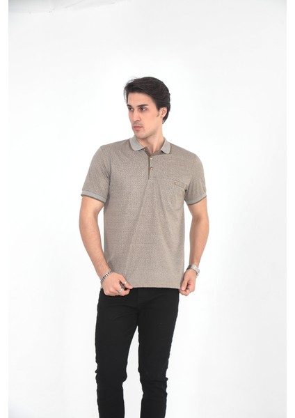 Baba Yakalı Cepli Desenli Model Klasik Kesim T-Shirt