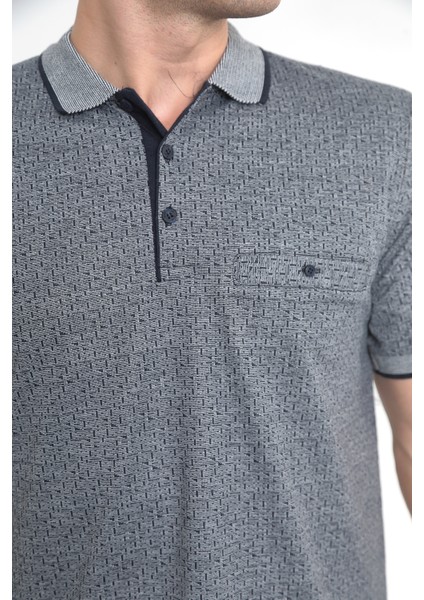 Baba Yakalı Cepli Desenli Model Klasik Kesim T-Shirt