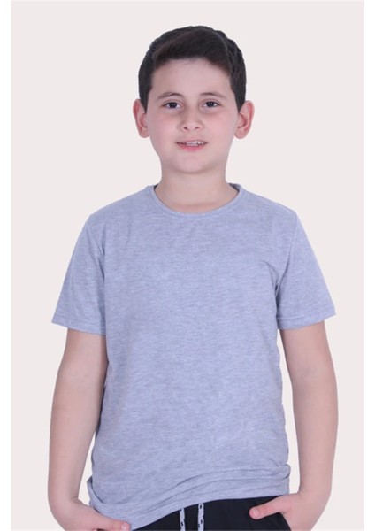 Basic Bisiklet Yaka %100 Pamuk Düz Unisex Çocuk Gri T-shirt 00437