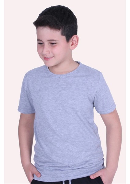 Basic Bisiklet Yaka %100 Pamuk Düz Unisex Çocuk Gri T-shirt 00437