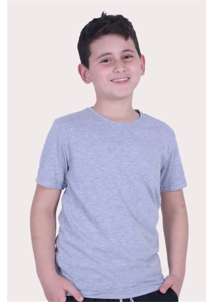 Basic Bisiklet Yaka %100 Pamuk Düz Unisex Çocuk Gri T-shirt 00437