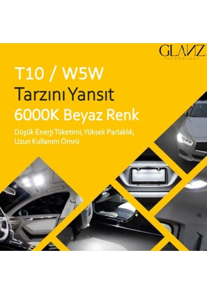 T10 W5W 6000K Beyaz Dipsiz Park Plaka Ampulü Lambası 2 Adet