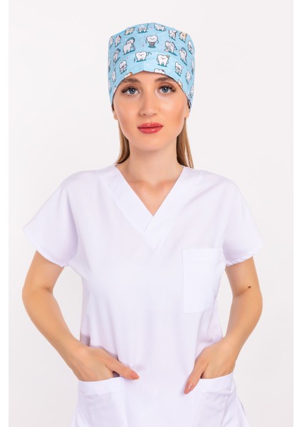 Nur Medikal Giyim Master Likra Mavi Diş Desenli Doktor Hemşire Hastane Diş Hekimi Cerrahi Bone