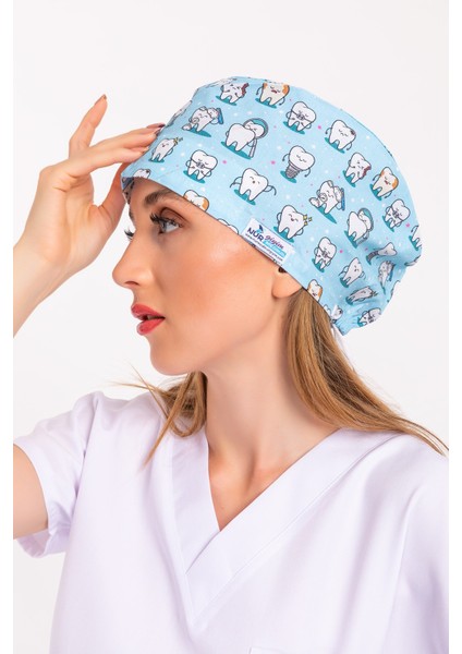 Nur Medikal Giyim Master Likra Mavi Diş Desenli Doktor Hemşire Hastane Diş Hekimi Cerrahi Bone fiyatları