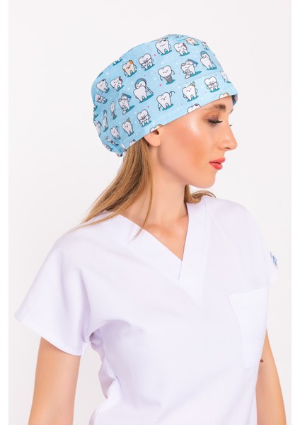 Nur Medikal Giyim Master Likra Mavi Diş Desenli Doktor Hemşire Hastane Diş Hekimi Cerrahi Bone fırsatları
