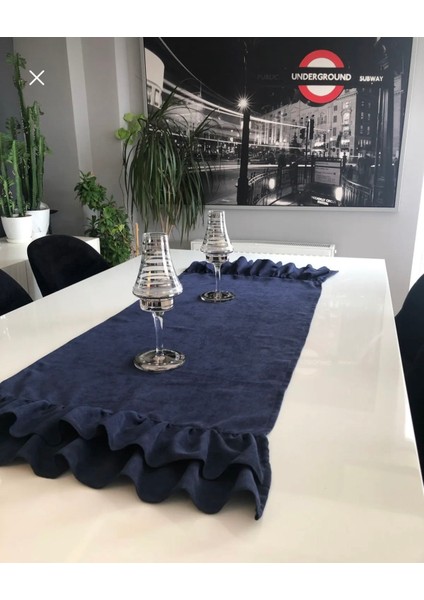 Vintage Lacivert Çiftkat Fırfırlı Runner